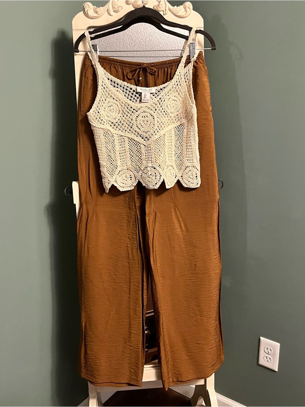 Rachel Zoe Cream Crochet Tank Top with Rust Colored Wide-Leg Pants